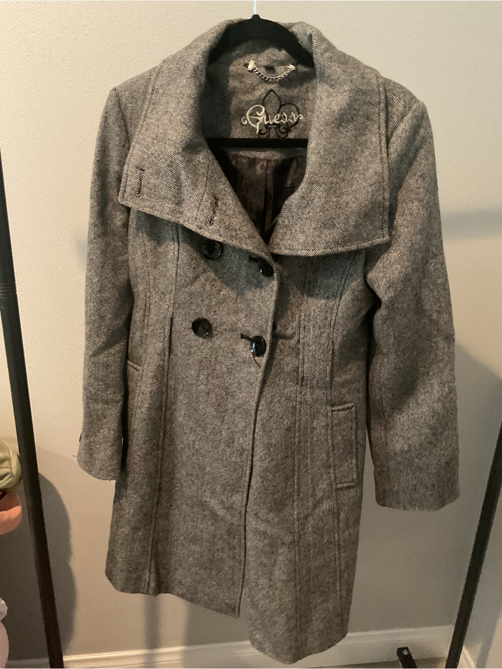 Guess Gray Wool-Blend Double-Breasted Pea Coat